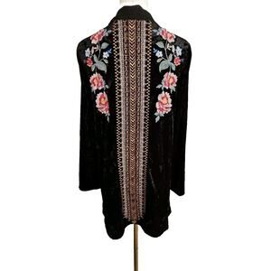 Andree Unit Floral Boho Embroidered Black Crushed Velvet Cardigan Kimono TOP Sml